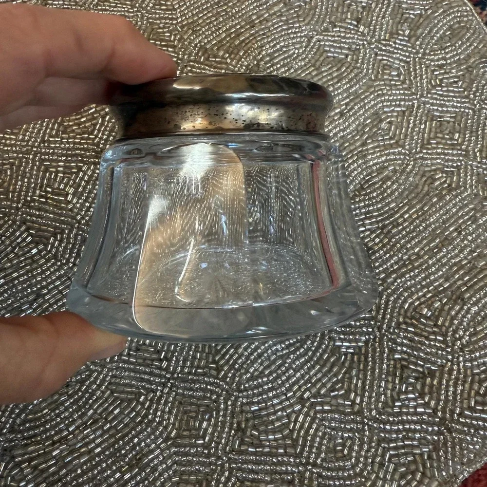 Antique Edwardian Cut Crystal Powder Jar | Sterling Silver Lid Vanity Decor
